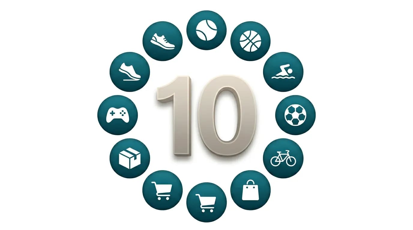 Illustration of a 3D numeral "10" surrounded by ten teal circular icons representing sports and commerce categories