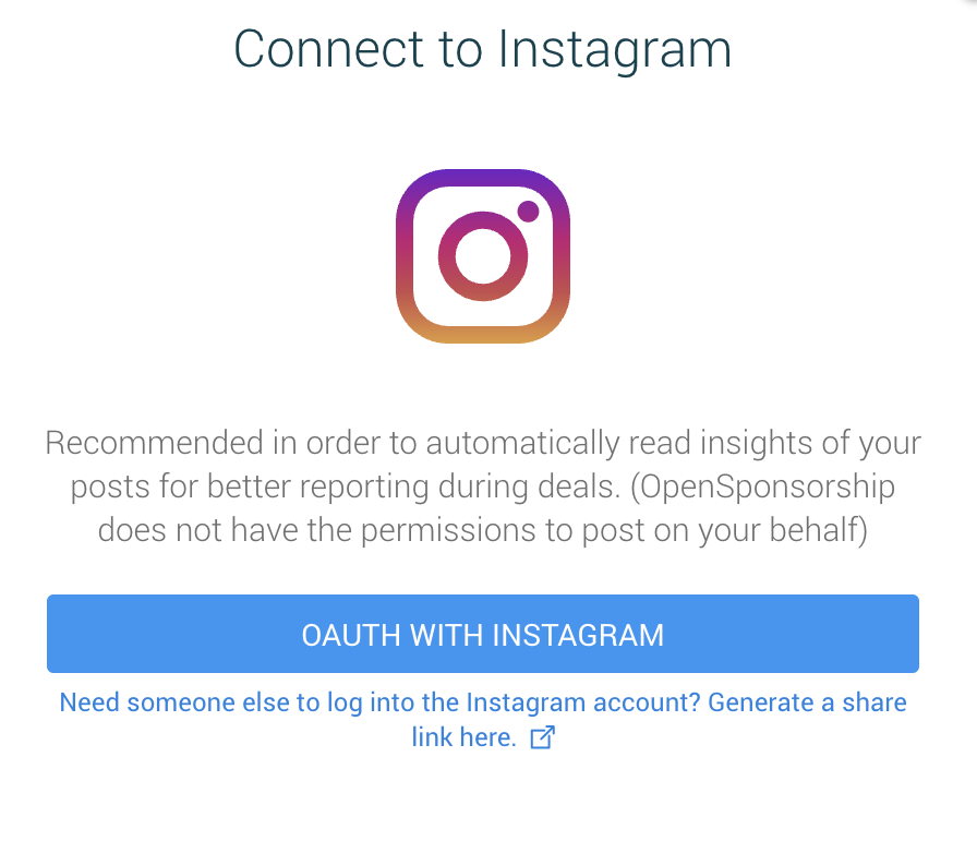 Connect to Instagram: OAuth with Instagram button and option to generate a share link for another person to log in