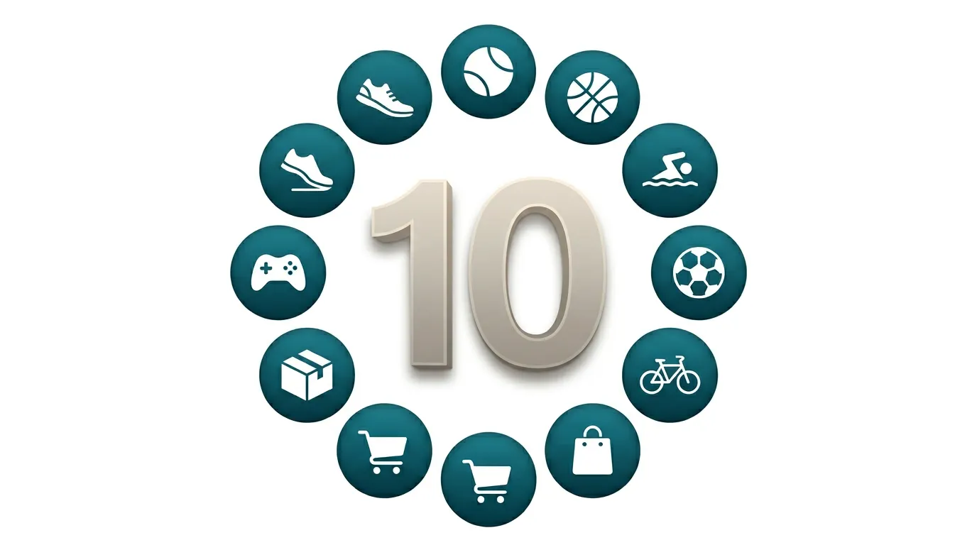 Illustration of a 3D numeral "10" surrounded by ten teal circular icons representing sports and commerce categories